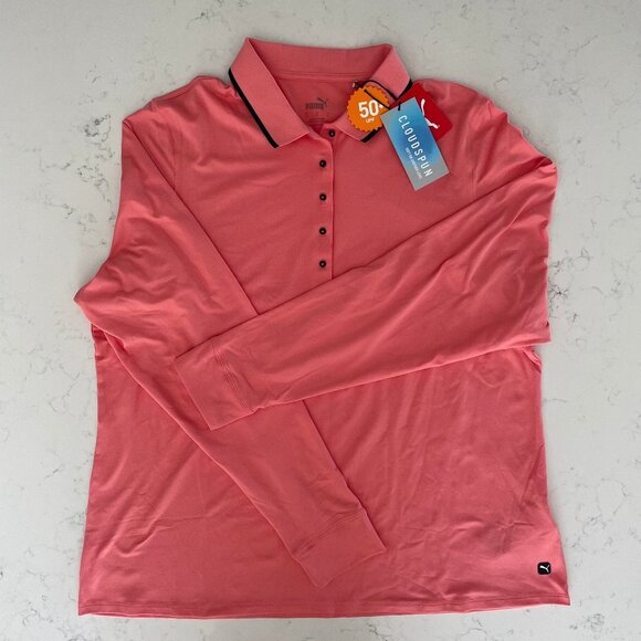 Puma W Cloudspun Activewear Long Slv Polo Top Carnation Pink & Navy Sz XL NWT - Picture 1 of 12
